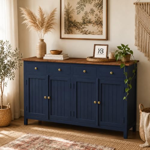 Image of Solid Wood Madrid Sideboard | Sideboard Cabinet (L) | Finish Premium Acrylic Midnight Blue