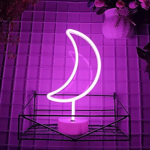 Image of JYWJ Monn LED Neon Light with Holder Base Desktop Wall Decoration Signs | Holder Base Included, Desktop Display, Wall Mountable, Decorative Lighting, LED Neon Design