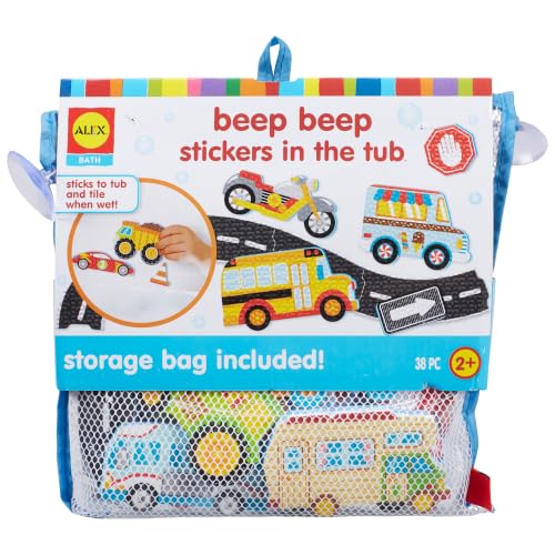 Image of Alex Toys Foam Bath Stickers for Toddlers, 38-Piece Vehicle Tub Stickers Stick to Tub Wall - Foam Bath Toys for Kids Ages 1-3 Toddler Bath Toys for Boys Cars Trucks Bus, Mesh Storage Bag