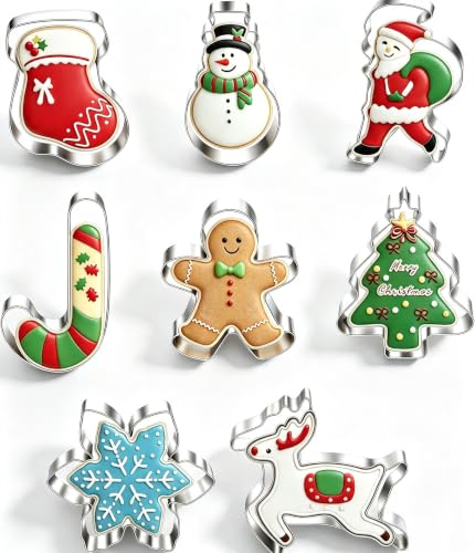 Emporte Moneda de Navidad de 8 piezas, cortador de galletas de Navidad de acero inoxidable, diseño de Papá Noel, muñeco de pan de jengibre, copo de nieve, árbol de Navidad, reno, azúcar de cebada,