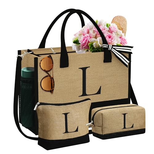YOOLIFE 3 Pcs Initial Jute Tote Bag & 2 Pcs Initial Makeup Bag Personalized Gifts for Women Teen Girls2