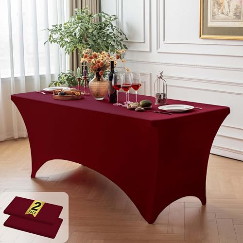Image of FOLINS&HOME 2 Pack Burgundy 6ft Fitted Spandex Water Resistant Tablecloth | Washable Elastic Rectangle Table Cover for 6 Foot Folding Tables, Stretch Table Cloth for Weddings, Banquets, Parties (2 Pcs)