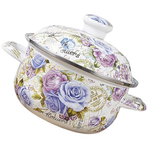 Toyvian Olla Esmaltada Gruesa de 20 Cm Doble Asa para Cocina Casera, Compatible Inducción y Gas, Resistente al Desgaste, Adecuado para Guisar Sopas y Estofados Vintage
