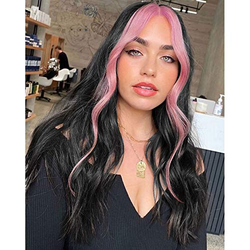 Kmously Black Wavy Wigs for Women 24 Inches Highlight Pink Wig Middle Part Lace Natural Wave Synthetic Wig Balck and Pink Cosply Wig for Daily Use Party