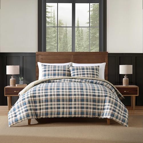 Image of Eddie Bauer - Queen Comforter Set with Shams, Cotton Reversible Bedding, Medium Weight All-Season, Dorm Room Essentials, Port Gamble Indigo