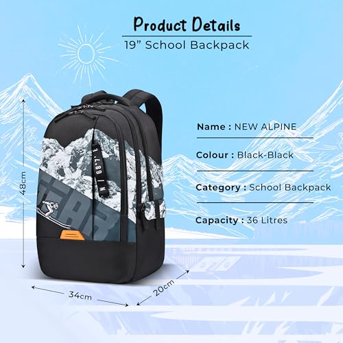 Image of Gear New Alpine 19 inch /36L Large Water Resistant School Bag | Casual Backpack | Daypack | Travel Backpack | Kids Bag for Boys /Girls (Black - Black)