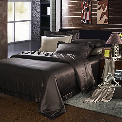 19 mm de peso pesado sin costuras funda de edredón de seda 3 unids juego de cama superking café oscuro Cover