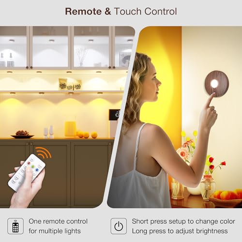 Image of UNUSROOM Rechargeable Puck Lights with Remote Control,2000mAh High Capacity Battery Operated LED Under Cabinet Lighting,Dimmable Tap Stick On& Wireless Closet Light for Kitchen Counter