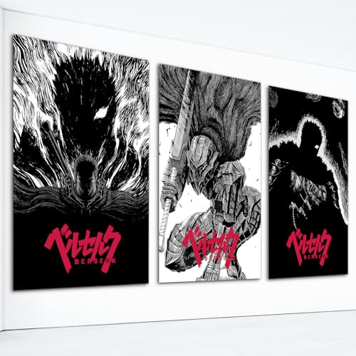 foefvpeft 3 Piece Japense Anime Canvas Wall Art, Berserk Figure Posters Set, Gallery Japanses Manga Art, Guts Griffith Casca Jedeau Painting Prints for Wall Decor 12x16in Unframed
