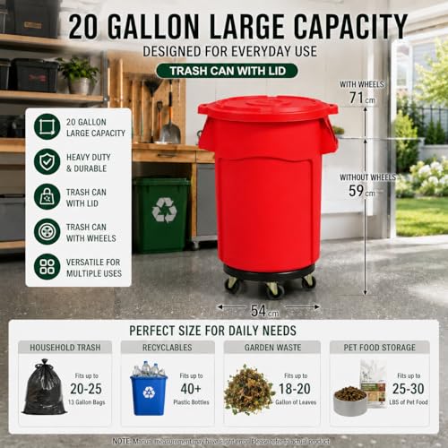 Image of 20 Gallon Outdoor Trash Can with Lid and Wheels, 1 Pack-Red | Garbage Can with 4 Wheels, Rolling Trash Can for Garage / Backyard / Kitchen / Patio / Office / Cafe / Warehouse