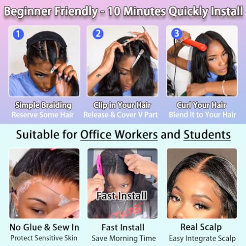 Image of V Part Wig Human Hair Body Wave Upgrade U Part Human Hair Wig 180 Density No Leave Out Glueless Clip In Half Wig Human Hair for Women Natural Black 30 Inch