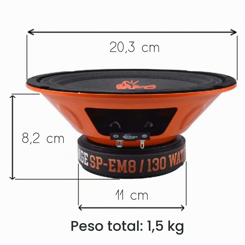 Kit Set para SP Audio SP-EM8 2 Altavoces midrange 20 cm 200 mm 8" diámetro, 130 vatios rms 260 vatios máx, impedancia 4 Ohm, sensibilidad 97 db, para Coches, en Pares