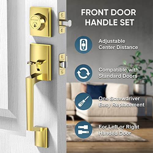 Image of TICONN Front Door Handle Set, Heavy Duty Square Door Lever & Single Cylinder Deadbolt Combo Reversible for Entrance Exterior Doors (Polished Brass)
