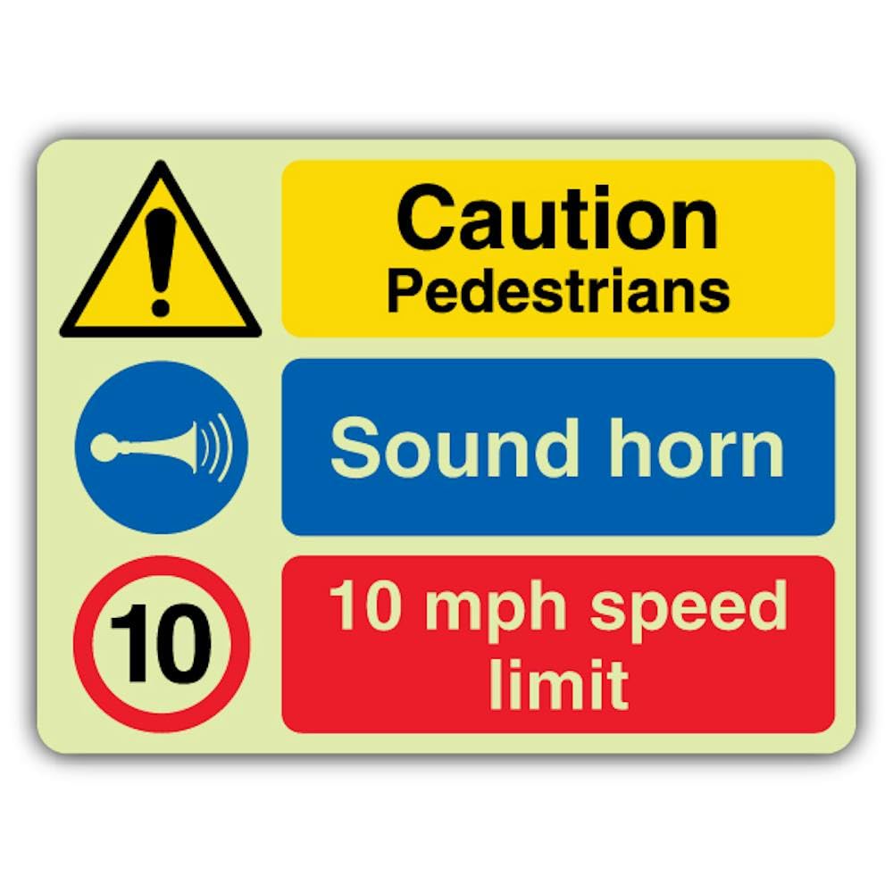 V Safety - Señal de límite de velocidad de 10 Mph que brilla en la oscuridad, advertencia de peatones, 800 x 600 mm, hecha de vinilo autoadhesivo de doble brillo, señalización de advertencia de