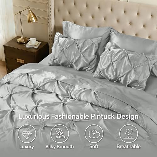 Image of BEDELITE Satin Comforter Set Full Size, 7 Pieces Pintuck Bed in A Bag with Comforter, Flat Sheet, Fitted Sheet, Pillowcases, Shams, Soft Cozy Similar to Silk Bed Set for All Seasons (Grey)