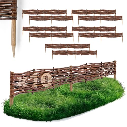 10 x BOGATECO Beeteinfassung aus Weide | 100 cm Lang & 10 cm Hoch | Holz-Zaun Rasenkante | Weiden-Zaun Steckzaun Perfekt für den Garten als Weg-Abgrenzung | Gartenzaun Weidezaun Zaunelemente