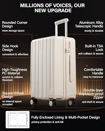 Hanke Elite Bagage à main amélioré de 20 pouces 22x14x9 approuvé par les compagnies aériennes, valises à coque rigide en PC avec roulettes, serrure TSA, valise à fermeture éclair antidéflagrante pour les voyages d'affaires hommes et femmes, blanc ivoire – Image 3