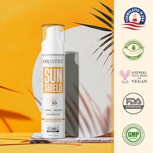 Image of ORGATRE Sun Shield SPF 50 PA++++ Sunscreen for Women & Girls, Vitamin C, Niacinamide & Hyaluronic Acid, Non-Greasy, No White Cast, Water Resistant, Face Cream for Glowing Skin & Acne Prone Skin 50gm
