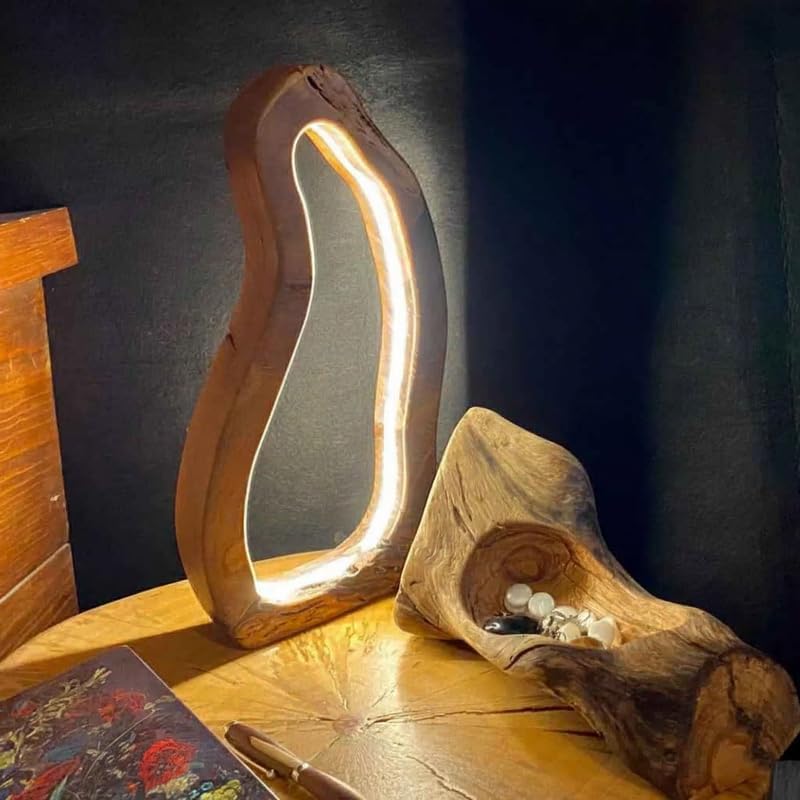 Image of THE GRANDEUR Modern Wooden LED Night Lamp for Bedroom - Decorative Table Lamp for Living Room, Bedside & Home Decor - Warm Ambient Light Wooden Lamp (12x6 inch)