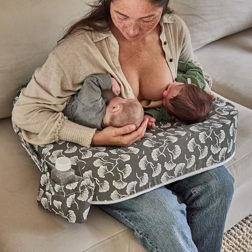 Image of My Brest Friend Twin Nursing Pillow, Enhanced Comfort - Grey Flowing Fans | Ergonomic Breastfeeding Pillow for Ultimate Support - Fits Plus Size - Adjustable Nursing Pillow with Handy Side Pocket
