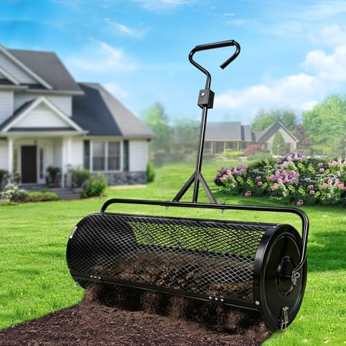 Compost Spreader 44 Inch Push/Tow Peat Moss Spreader with Installation Support Powder-Coated Metal Mesh Roller Spreader for Manure Lawn Care Garden Spreading Top Dressing & Mulch - Soil Spreader