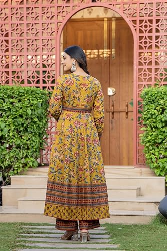 Image of Pistaa's Women's Pure Cotton Anarkali Floral Printed Kurta with Palazzo & Dupatta Set