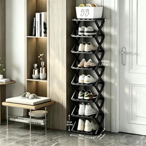 XZXWZX Schuhregal Schmal Schwarz,Klein Faltbar,Bambus,Platzsparend,Regal für Eingangsbereich, Schlafzimmer, Schrank, Wohnzimmerecke(8 Tier) – Ansicht 2