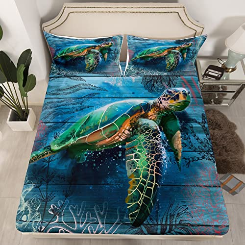 Sea Turtle Bedding Sets Twin Size Marine Life Ocean Fitted Sheet for Kids Child,Nautical Sea Animal Bed Sheets Under Sea Coral Bedding Decor Set Tortoise Reptile Blue Wooden Plank Bedroom De