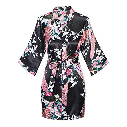 Women'S Robes Knee Length Kimono Bathrobe Lightweight Sleepwear Summer Dressing Gown, Black Large