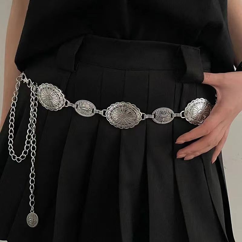 SIQITECHNO Western Oval Concho Chain Waist Belt Metal Cowgirl Chain Pirate Belt for Women Dresses Jean Country Concert Outfit3