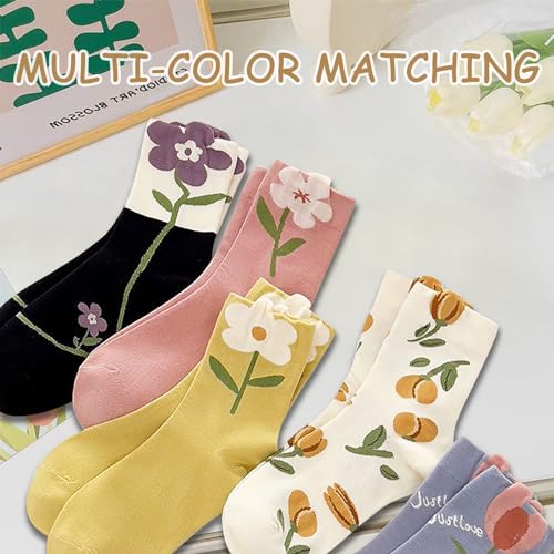4/5 Pack Cute Womens Floral Socks, Cotton Vintage Embroidered Casual Crew Socks, Girly Cottagecore Tulip Dress Socks2