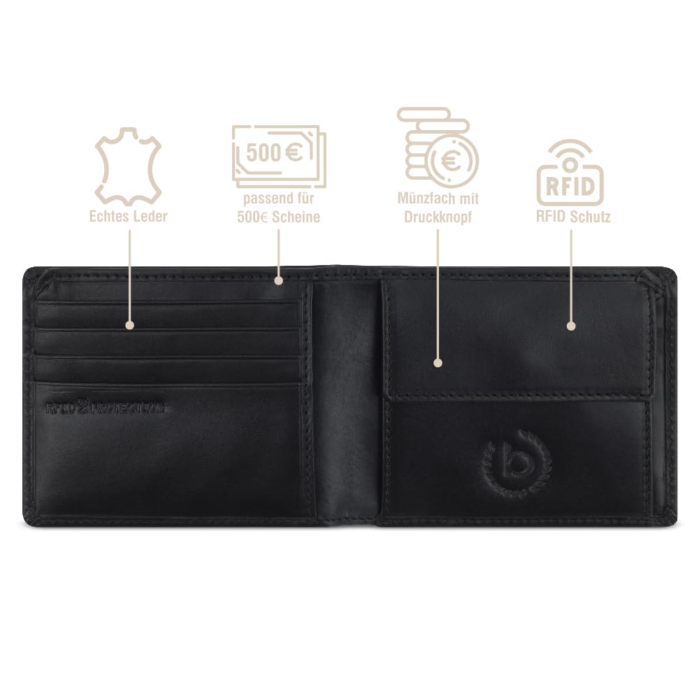 bugatti Remo portfel z ochroną RFID, format poziomy z prawdziwej skóry, czarny, M, Kieszeń na banknoty