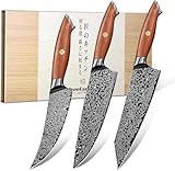 Freelander Damascus Knife Set 8.5 inch, Chef Knives with 6.1 inch Viking Knife, VG10 Core, 67 Layer Steel, Walnut Handles, Full Tang