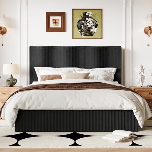 Image of Allewie Full Bed Frame, Adjustable Corduroy Headboard, Platform, Black | Adjustable Headboard, Corduroy Fabric, Low Profile, Wooden Slats, 800 lb Capacity, No Box Spring Needed