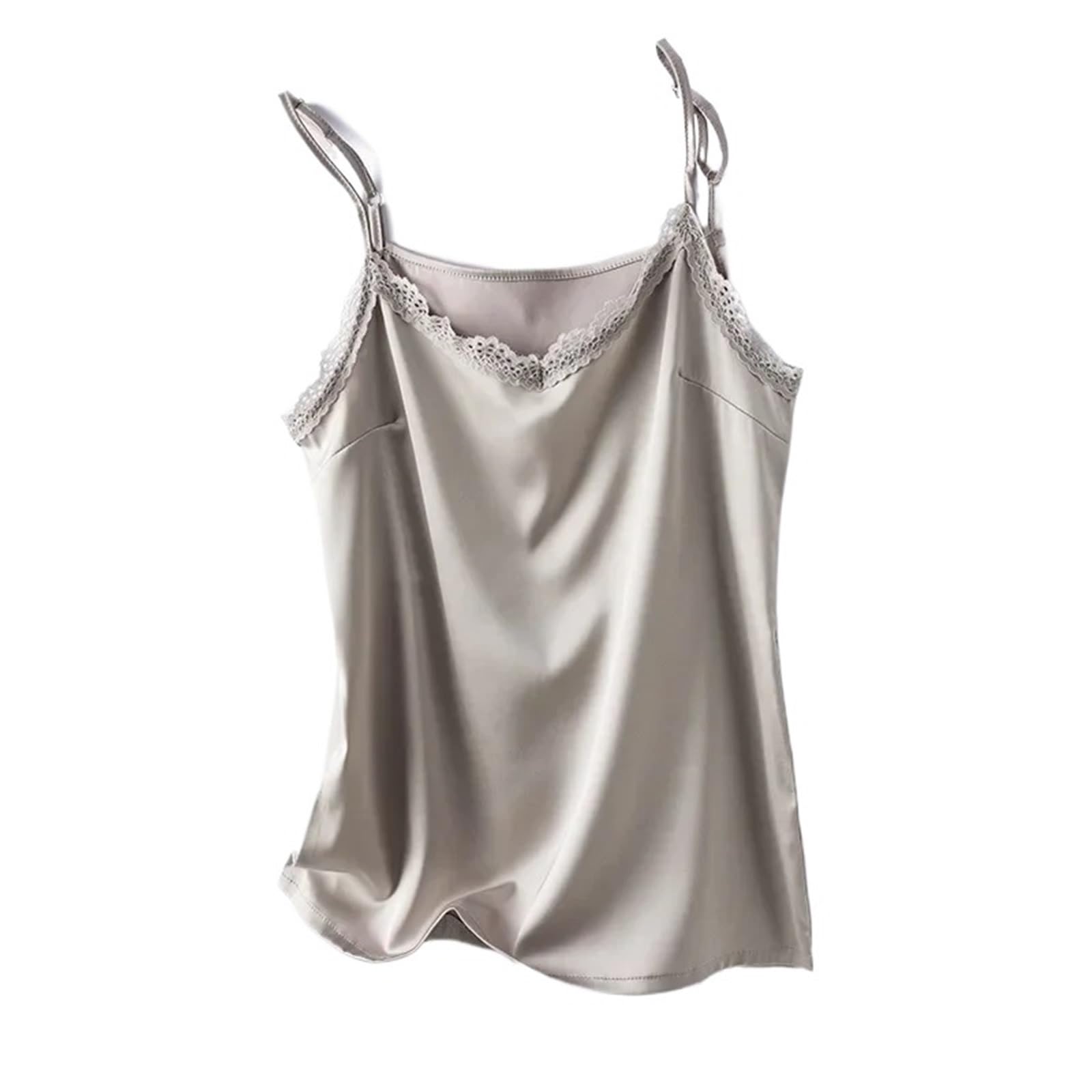 Camisola De Seda Camisola de Seda con Cuello en V Verano for Mujer, Camiseta Sexy Encaje Parte Inferior, Top sin Mangas, Camisola, satén for