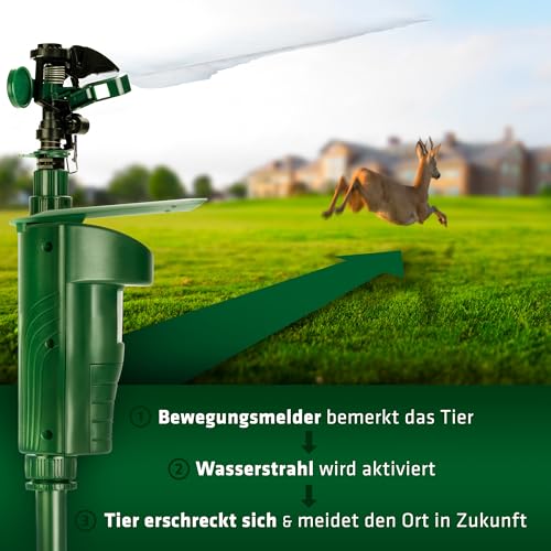 GARDIGO® Wasserstrahl Tiervertreiber I Vogelabwehr, Reiherschreck, Katzenschreck für Garten | PIR-Bewegungsmelder I Reichweite bis zu 10 m I Vogelschreck, Katzenabwehr, Hundeabwehr | Inkl. Batterien