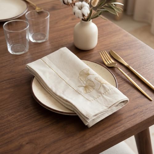 Image of R home Set of 6 Leaf Luxe 45x45 cm Premium Embroidered Cotton Table Napkins | Reusable Soft Washable Cloth Dinner Napkins | Dining & Kitchen Table Linen