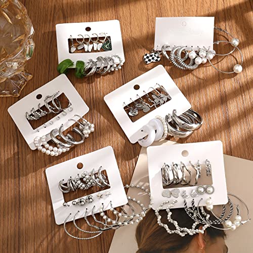 44 Pairs Silver Hoop Earrings Set For Women Girls, Fashion Dangle Heart Statement Pearl Earrings Pack, Hypoallergenic Chunky Hoops Jewelry For Birthday Gift #TOP6