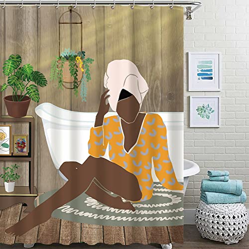 Poktulikt Abstract Aesthetic Mid Century Boho Shower Curtain Set African American Black Women Bathroom Decor Green Plant Fabric Waterproof Home Bathtub Decor 72Wx72H Inches Set With 12 Hooks #TOP2