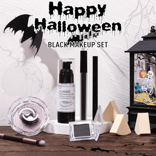 Image of UCANBE Halloween Makeup Kit - Black Eyeshadow, White Liquid Foundation, Black Liquid Lipstick & Eyeliner, Self Adhensive Eyelashes, Brush & Sponges Makeup Set for SFX Cosplay Skeleton Skull Demon