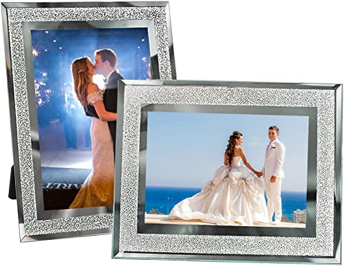 Cadre Photo Argenté en Verre Lot de 2, 10x15cm Cadres Pailletés pour Photos de Mariage, Bébé & Famille, Cadeau Décoration Intérieure