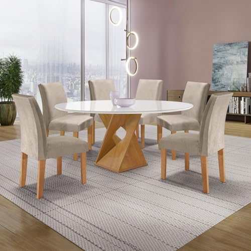 Conjunto Mesa Barcelona 120cmx120cm 6 Cadeiras Espanha Tampo Plus Redondo Vidro Yescasa Cinamomo/Off White/Bege