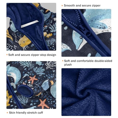 Sea Animals Pattern Toddler Fleece Jacket Girl Boys Hooded Fleece Jacket Coat Warm Outwear Zip-up 3-10T3