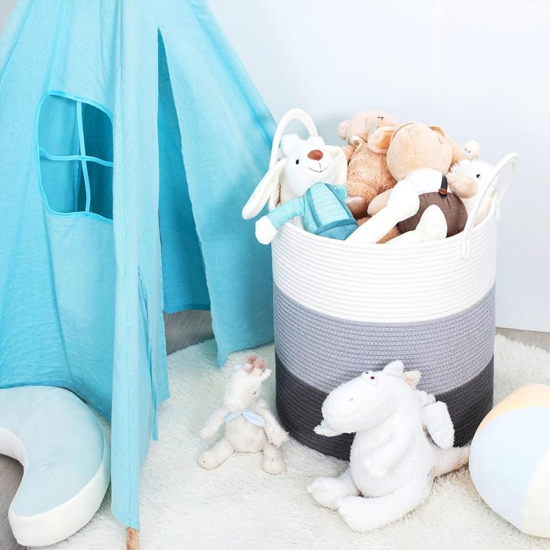 Image of Storage Cotton Rope Basket and Laundry Hamper for Dirty Clothes, Towels, Blankets, Pillows Storage in Living Room, Laundry Room and Bedroom (Tiranga, 15x18 Inch)