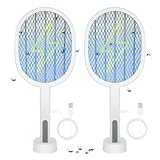 OZAVO 2er Elektrische Fliegenklatsche, 3000V USB Fliegenfänger Zapper mit LED Licht, 2-in-1 Elektro Mückenklatsche und UV Mückenlampe Ladebasis