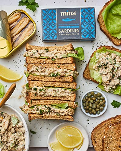 Mina Sardines, Skinless & Boneless Sardines in Extra Virgin Olive Oil, 4.4 Ounce Wild Caught Sardines, Packed By Hand, Low Sodium, High in Protein, Keto, Paleo, Sardines in Olive Oil (Pack of 12)