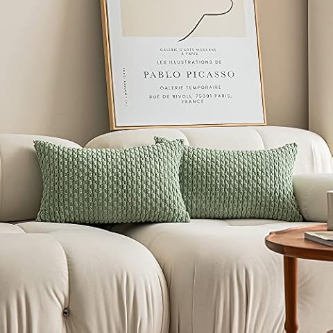 Kevin Textile 2 Packs Lumbar Decorative Throw Pillow Covers 12x20 Inch for Living Room Couch Bed Sofa, Soft Striped Corduroy Rectangle Cushion Case 30x50 cm, Farmhouse Boho Home Decor, Sage Green Cover