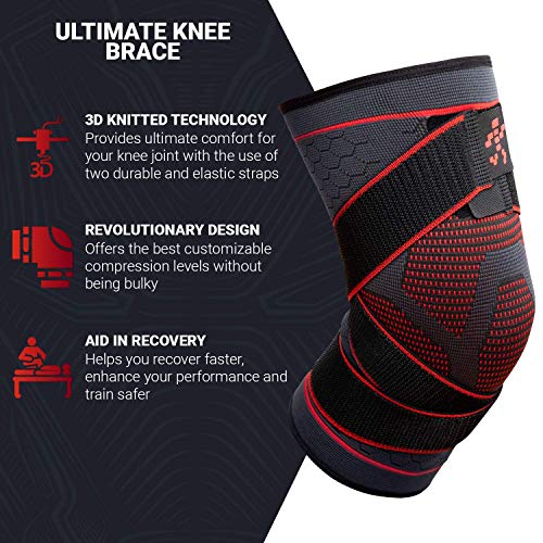Knee Compression Brace for Men and Women - Non Slip Sleeve with Straps for Pain Relief, Meniscus Tear, Sports Safety in Basketball, Tennis - Single Wrap (Medium)