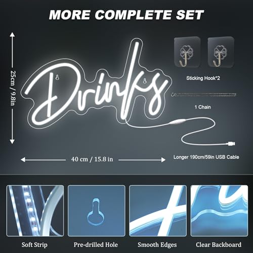 Image of Looklight Drinks Neon Sign Bar Neon Signs for Wall Decor Neon Sign For Room White Neon Light Sign Led Neon Bar Signs USB Connectivity Light Up Wall Decor for Teen Room Bedroom Store