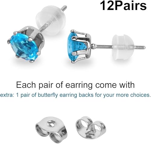 Miniatura 6 de Juego de 12 pares de aretes de tuerca de acero inoxidable con circonita cúbica redonda para mujer, de corte brillante, juego de aretes de tuerca con